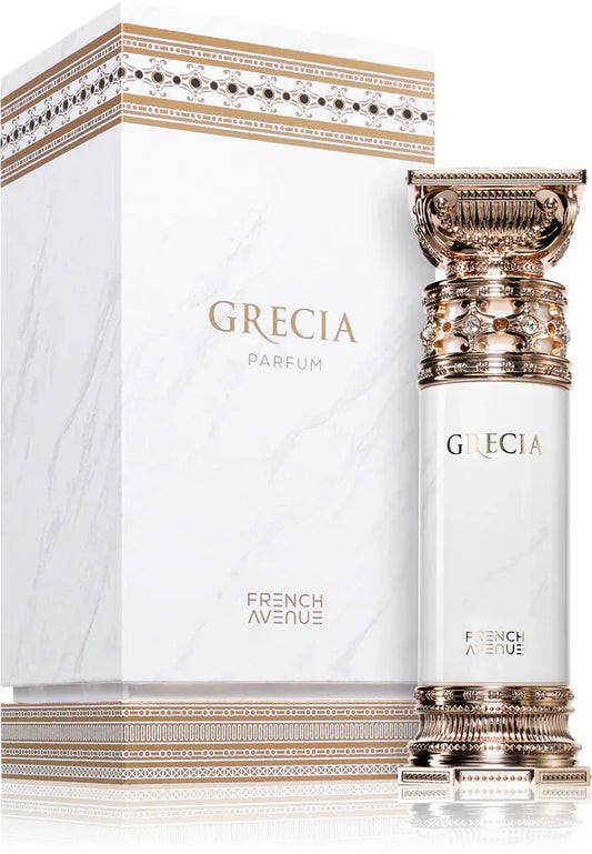 Perfume Grecia French Avenue fragancia elegante floral y afrutada con fondo suavemente dulce
