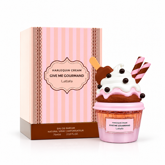 Perfume Harlequin Cream de Lattafa para mujer, fragancia árabe femenina gourmand con notas de helado, crema batida, gofre, vainilla, cacao y almizcle.