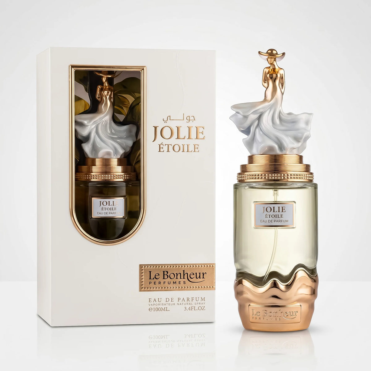 Perfume Jolie Etoile de Le Bonheur unisex con notas de bergamota, grosellas negras, jazmín, ylang-ylang, rosa, vainilla y almizcle.