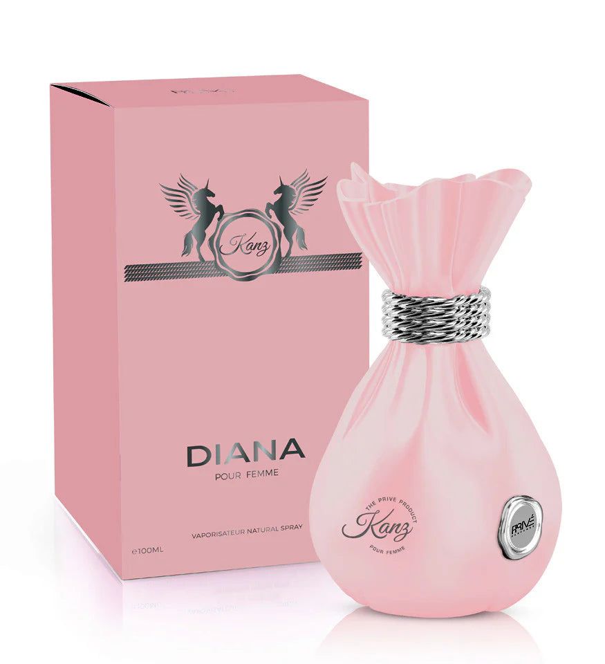 Perfume Kanz Diana Emper con notas de lichi, peonía, rosa, almizcle y cachemira