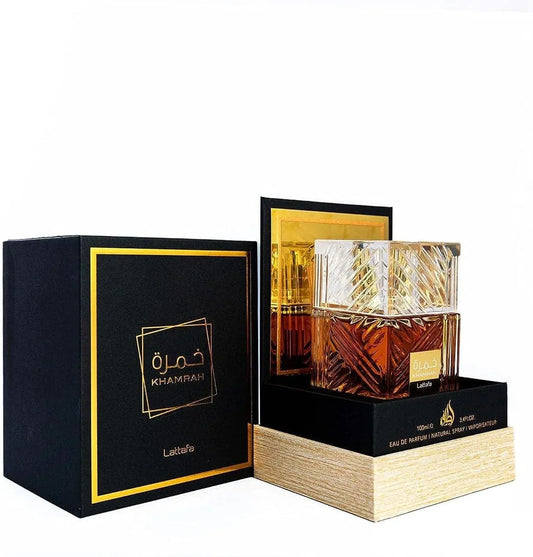 Perfume Khamrah Lattafa con notas de canela, dátiles, praliné, vainilla y haba tonka