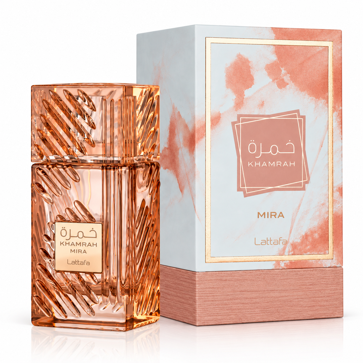 Perfume Khamrah Mira de Lattafa 100 ml para mujer, fragancia árabe dulce y especiada con notas de grosella roja, canela, vainilla de Madagascar y cacao.