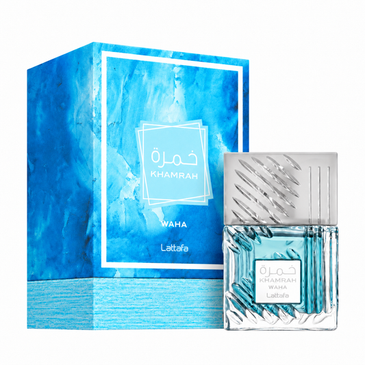 Perfume Khamrah Waha de Lattafa con frasco de cristal azul y caja original azul sobre fondo blanco.