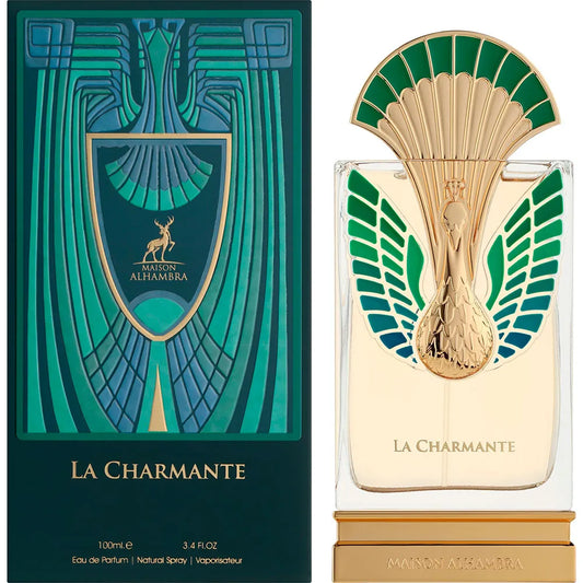Perfume La Charmante de Maison Alhambra, fragancia árabe unisex almizclada y floral con notas de mandarina, peonía, sándalo y vainilla.