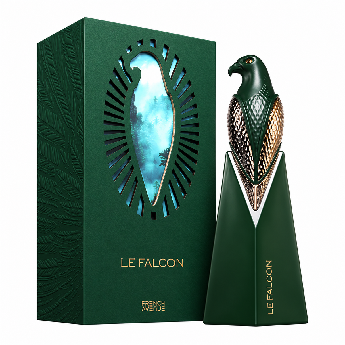 Perfume Le Falcon de French Avenue con frasco verde en forma de halcón y caja original sobre fondo blanco.