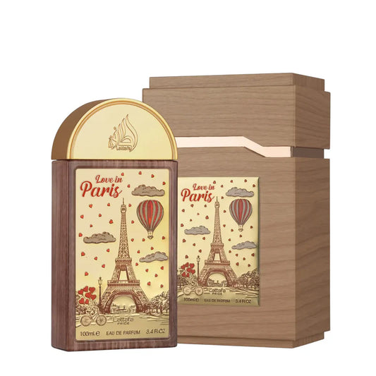 Perfume unisex Love In Paris Lattafa Pride 100 ml con notas de caramelo, jarabe de arce y haba tonka