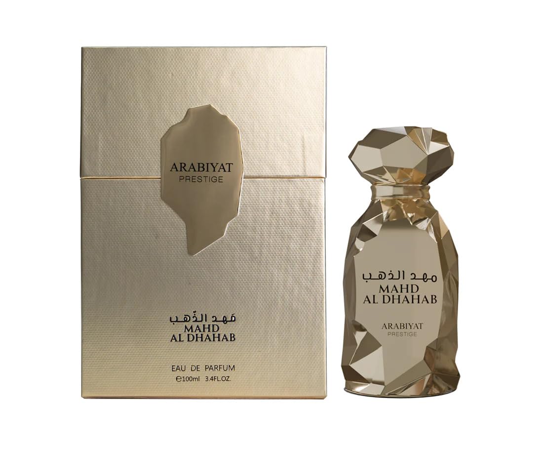 Perfume Mahd Al Dhahab de Arabiyat Prestige, fragancia árabe unisex amaderada y avainillada con notas de especias, ámbar, oud y sándalo.