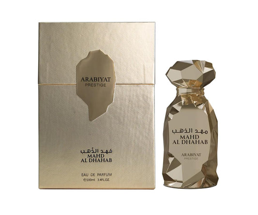 Perfume Mahd Al Dhahab de Arabiyat Prestige, fragancia árabe unisex amaderada y avainillada con notas de especias, ámbar, oud y sándalo.