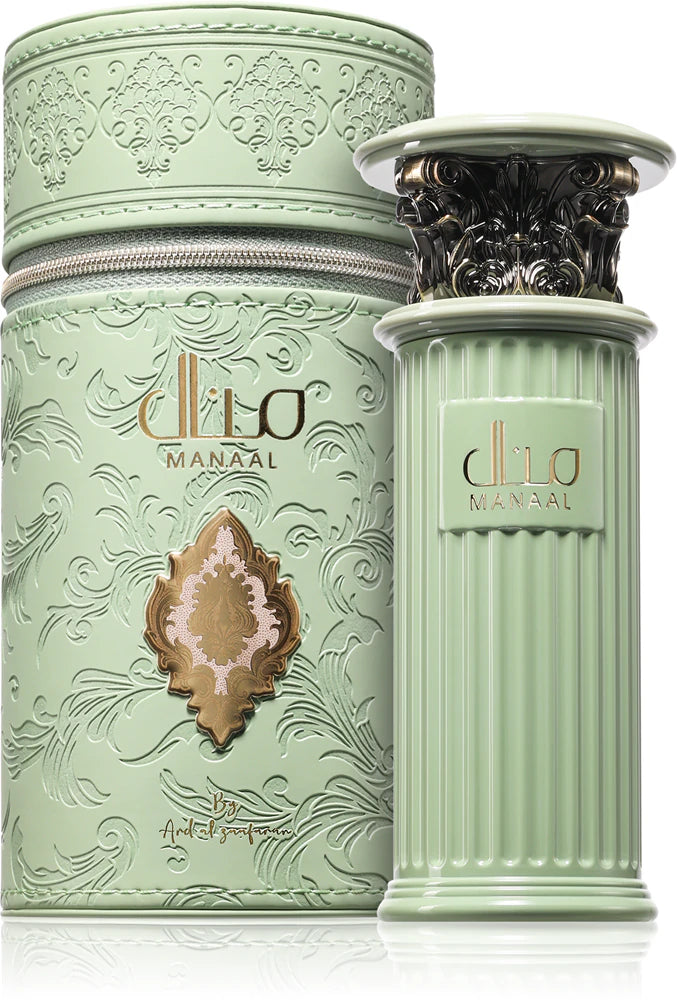 Perfume Manaal de Ard Al Zaafaran con notas de pistacho, almendra, flores blancas, vainilla, cacao y sándalo