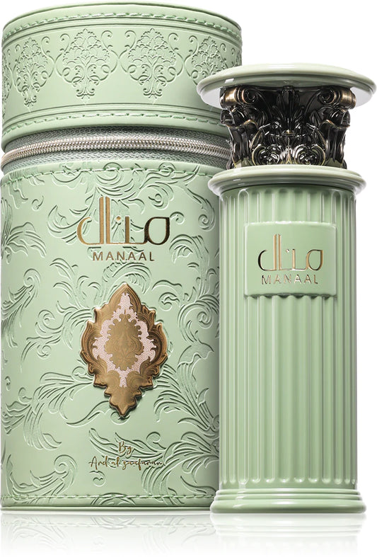Perfume Manaal de Ard Al Zaafaran con notas de pistacho, almendra, flores blancas, vainilla, cacao y sándalo