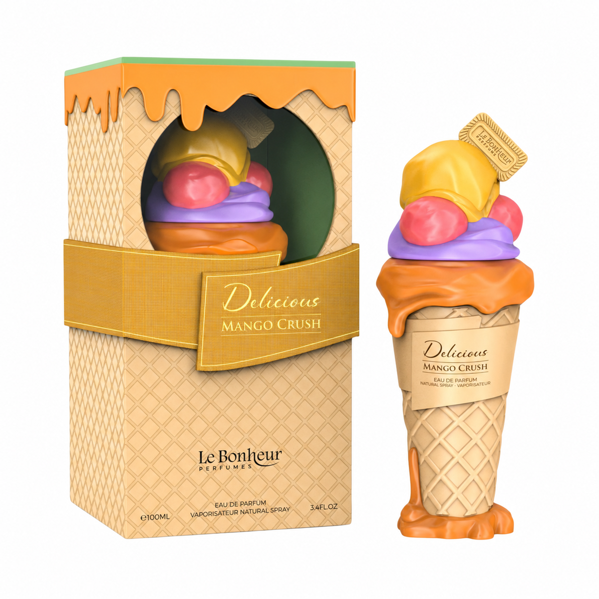 Perfume Mango Crush de Le Bonheur de 100 ml con frasco en forma de helado multicolor y caja original sobre fondo blanco.