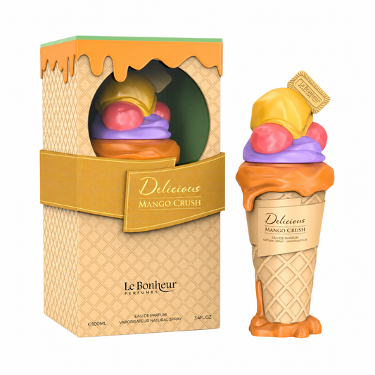 Perfume Mango Crush de Le Bonheur de 100 ml con frasco en forma de helado multicolor y caja original sobre fondo blanco.