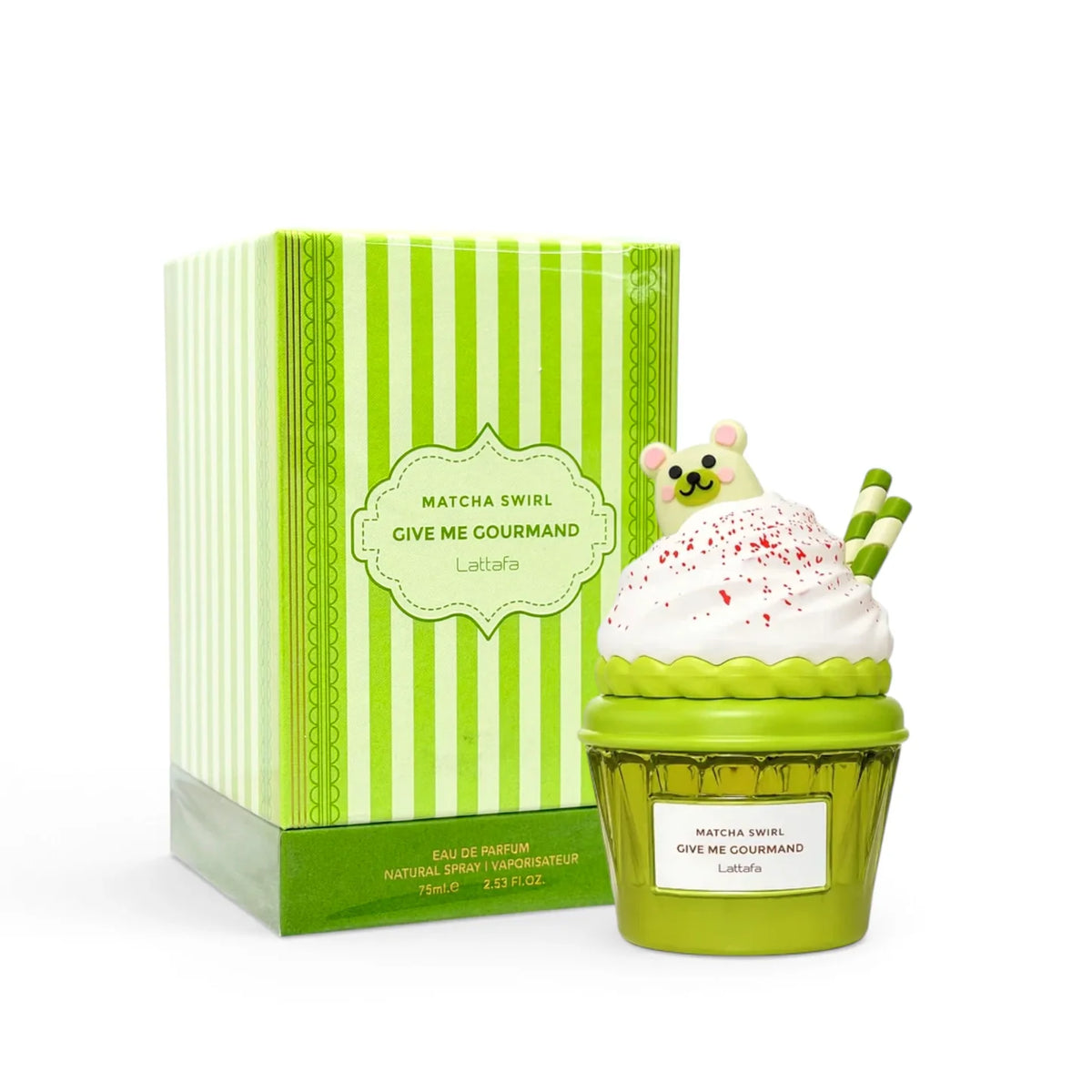 Perfume Matcha Swirl de Lattafa para mujer, fragancia árabe femenina gourmand con notas de pastel de matcha, fresa, chocolate blanco, crema y vainilla.