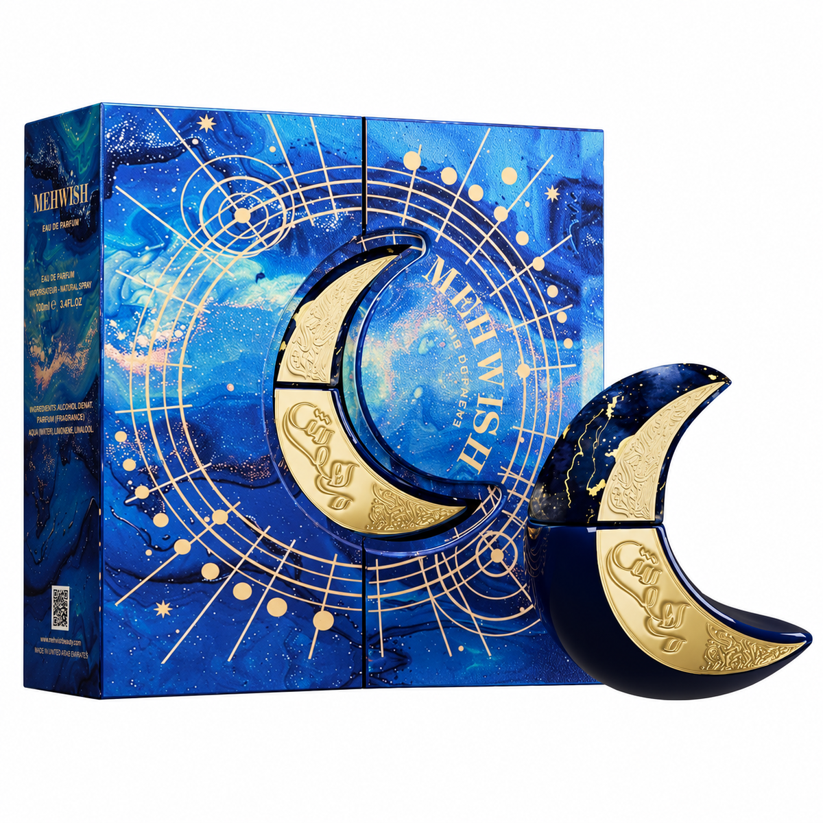Perfume Mehwish con frasco de luna creciente azul y dorado junto a su caja con motivos celestes sobre fondo blanco.