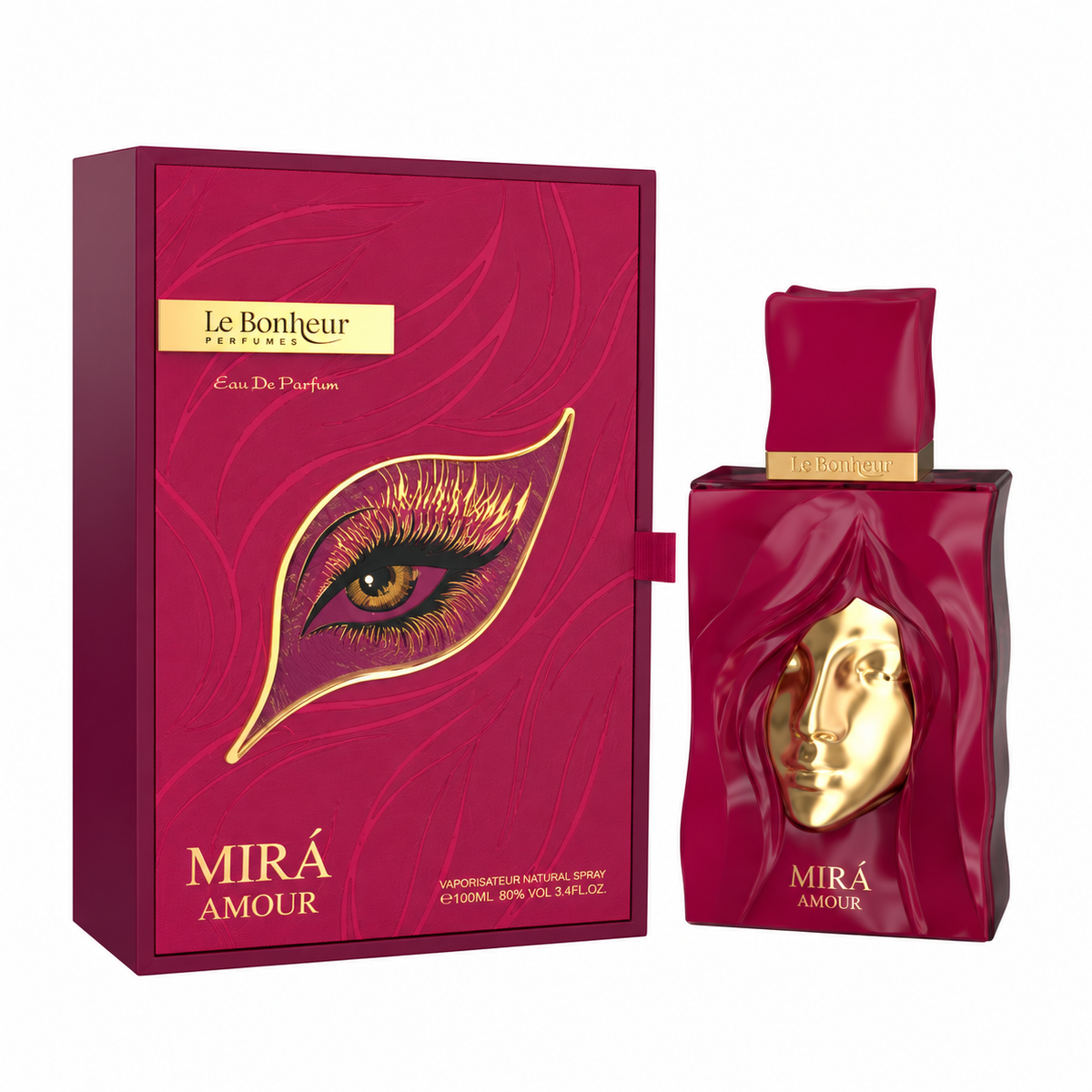 Perfume Mirá Amour de Le Bonheur con frasco burdeos y rostro dorado junto a su caja con ilustración de un ojo sobre fondo blanco.