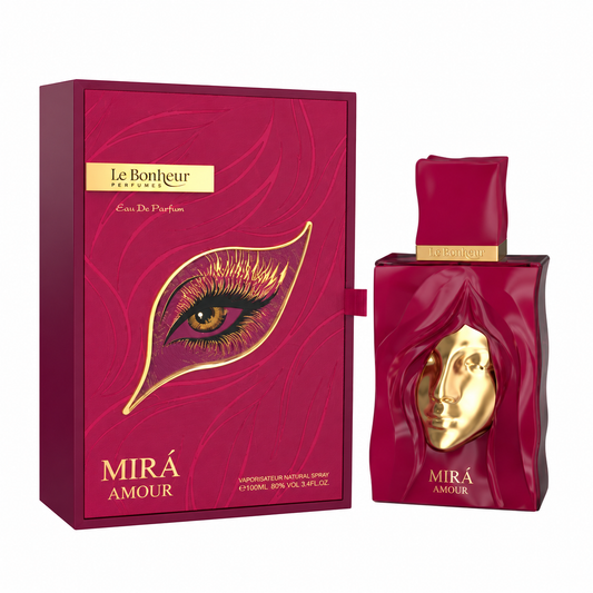 Perfume Mirá Amour de Le Bonheur con frasco burdeos y rostro dorado junto a su caja con ilustración de un ojo sobre fondo blanco.