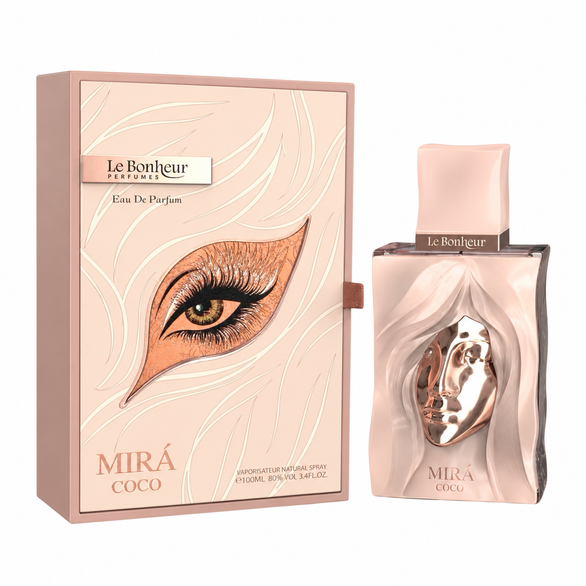 Perfume Mirá Coco de Le Bonheur con frasco rosa y rostro metálico junto a su caja original con ilustración de un ojo sobre fondo blanco.