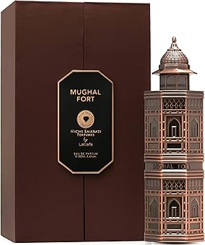 Perfume Mughal Fort Lattafa Niche Emarati con notas de cardamomo, caramelo, vainilla y ámbar