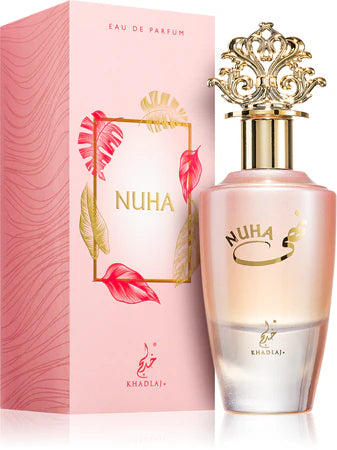 Perfume Nuha de Khadlaj para mujer, fragancia árabe dulce y tropical con notas de coco, manzana, jazmín, vainilla y sándalo.