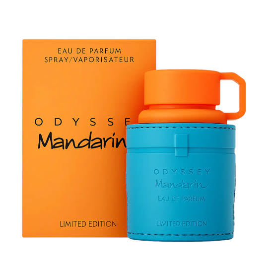 Perfume Odyssey Mandarin Sky Armaf para hombre con notas de mandarina, naranja, caramelo, haba tonka y cedro