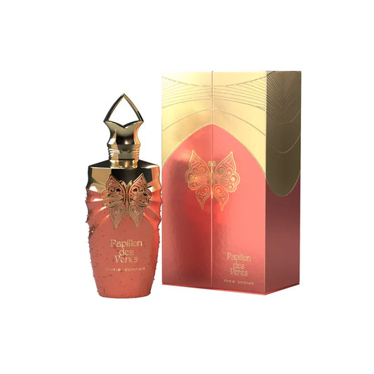 Perfume Papillon des Vents de Paris Corner para mujer, fragancia árabe floral y avainillada con notas de mandarina, peonía, flor de azahar y haba tonka.