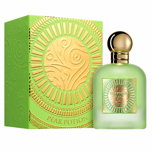 Perfume Pear Potion con frasco verde claro, tapón esférico dorado y caja verde con relieves dorados sobre fondo blanco.