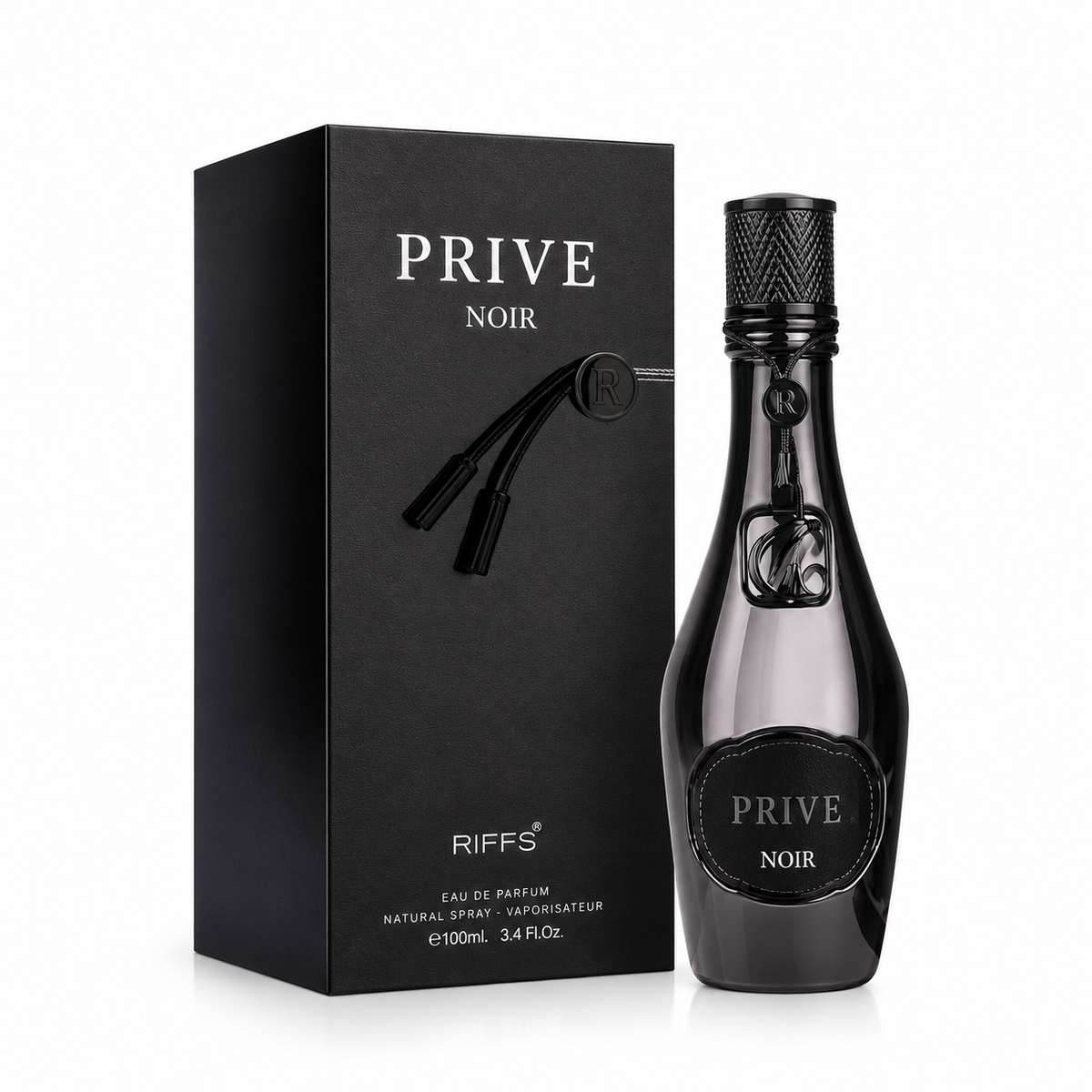 Perfume Prive Noir Black de Riiffs para hombre con notas de pomelo, cardamomo, manzana, pachulí, cuero, haba tonka y amberwood.