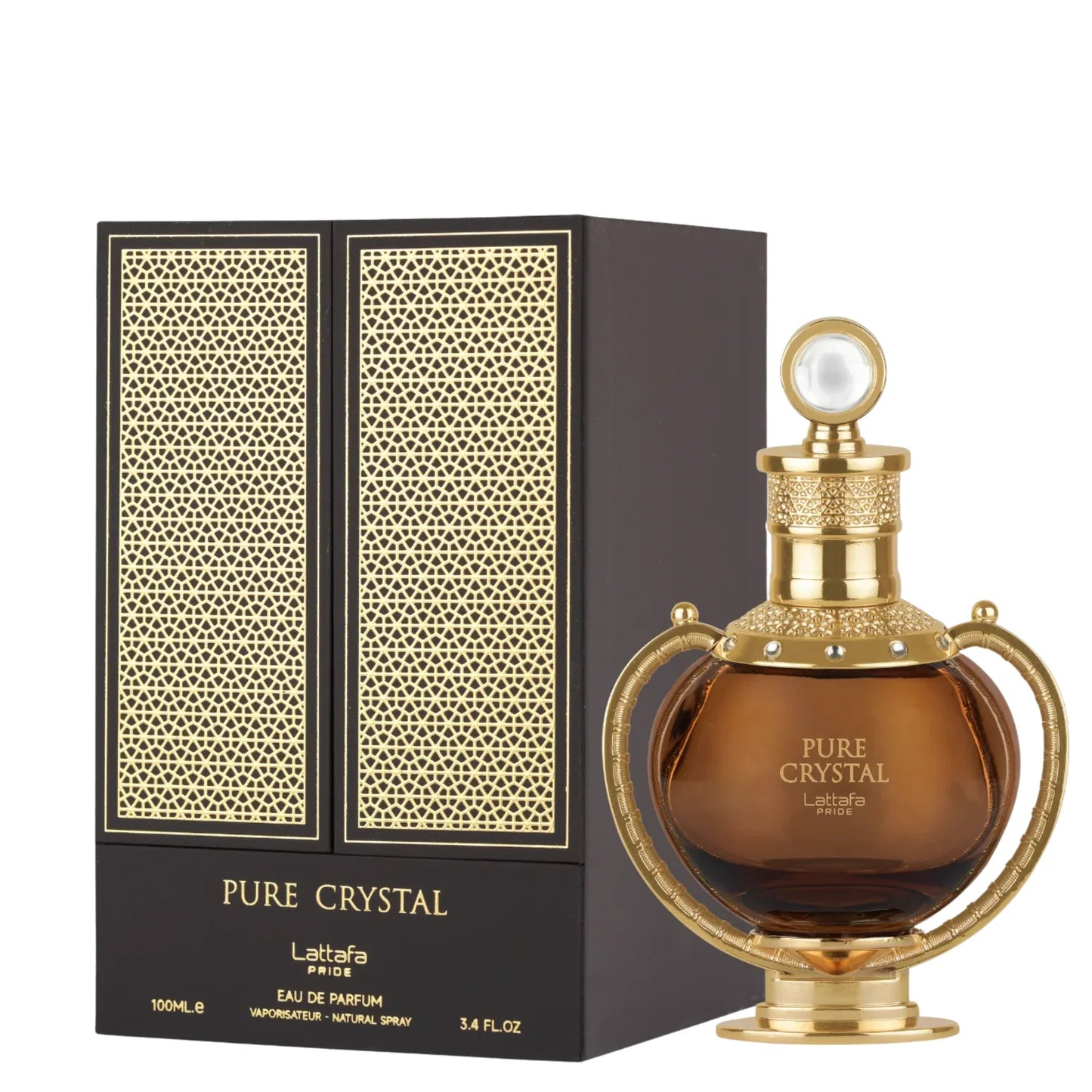 Perfume Pure Crystal de Lattafa con notas de bergamota, frutos rojos, jengibre, coñac, ámbar, vainilla y sándalo