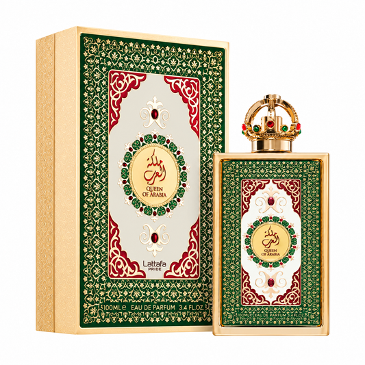 Perfume Queen of Arabia de Lattafa Pride de 100 ml con frasco verde y dorado, tapón de corona y caja original sobre fondo blanco.