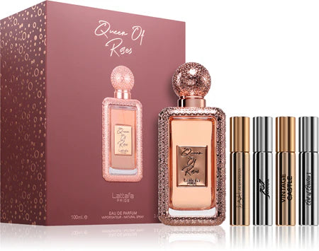 Perfume Queen of Roses de Lattafa Pride con notas de rosa, pimienta rosa, pachulí, ámbar, almizcle y vainilla