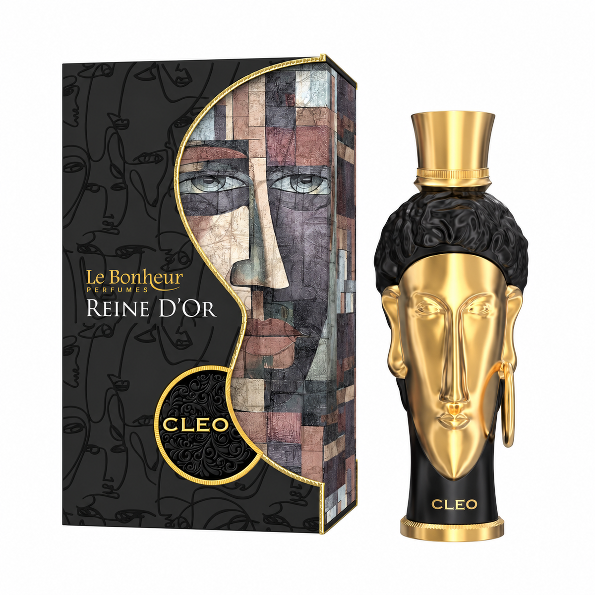 Perfume Reine d’Or Cleo de Le Bonheur con frasco negro y rostro dorado junto a su caja original sobre fondo blanco.