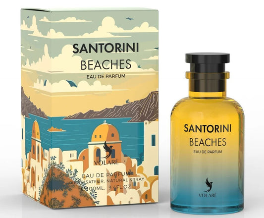 Perfume Santorini Beaches Volaré con notas de pera, grosellas negras, rosa turca y sándalo