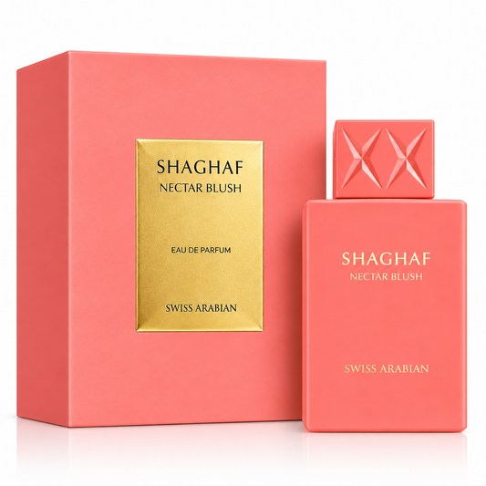 Perfume Shaghaf Nectar Blush de Swiss Arabian, frasco rosa coral con detalles dorados y caja original, Eau de Parfum.