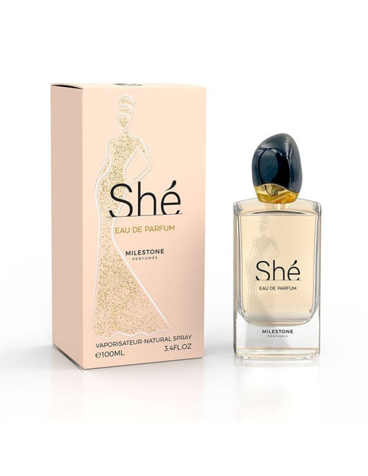 Perfume She Milestone con notas de cassis, rosa de mayo, fresia, vainilla y haba tonka