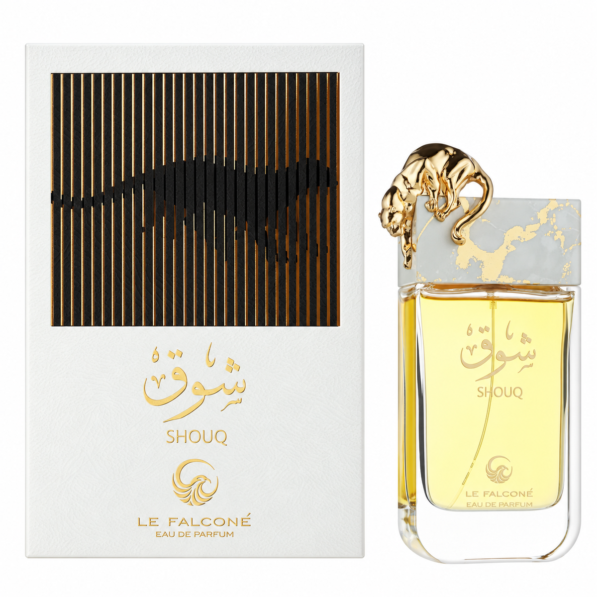 Perfume Shouq de Le Falconé con frasco de cristal, tapón marmolado y pantera dorada junto a su caja original sobre fondo blanco.