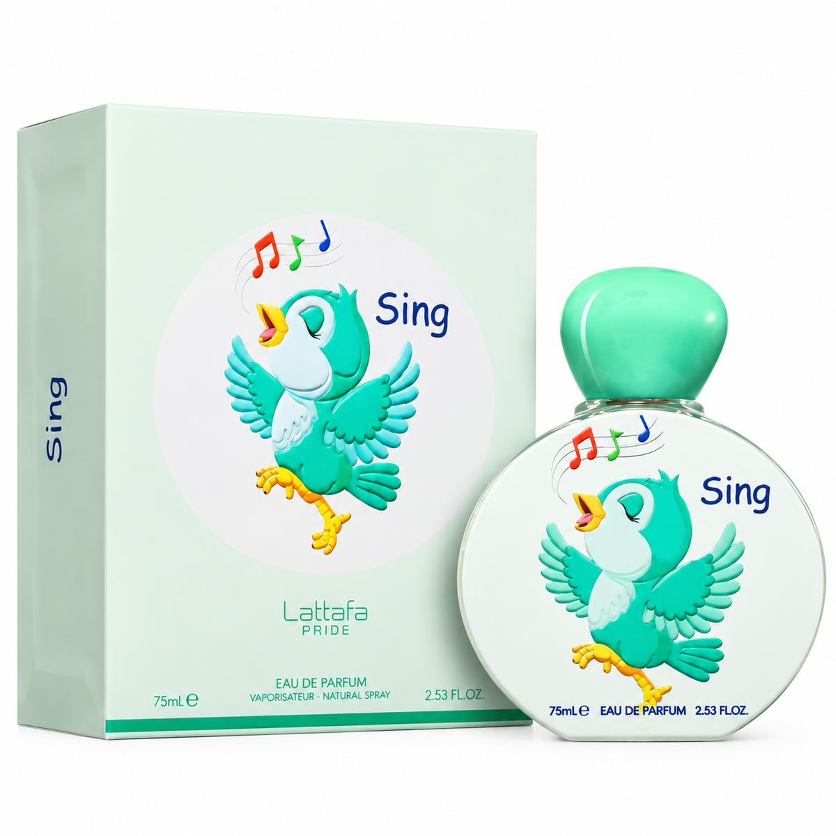 Perfume Sing de Lattafa Kids con notas de nardos, jazmín, pachulí, almizcle, cedro y vainilla.