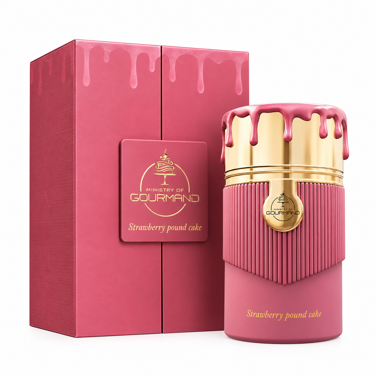 Perfume Strawberry Pound Cake de Ministry of Gourmand, frasco rosa con detalles dorados y caja original a juego sobre fondo blanco.