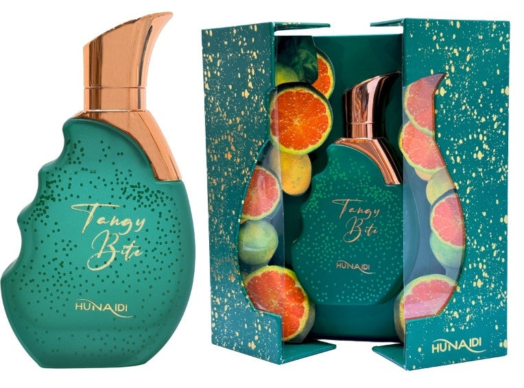 Perfume Tangy Bite Hunaidi con notas de manzana, melocotón, rosa, ámbar y sándalo
