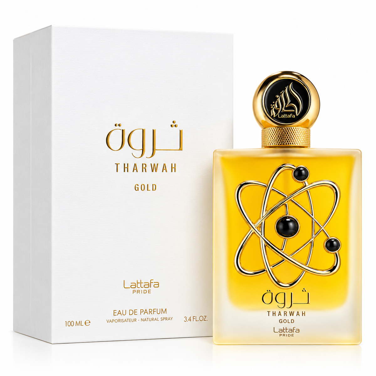 Perfume Tharwah Gold de Lattafa Pride 100 ml, frasco dorado con detalles negros y caja blanca con letras doradas.