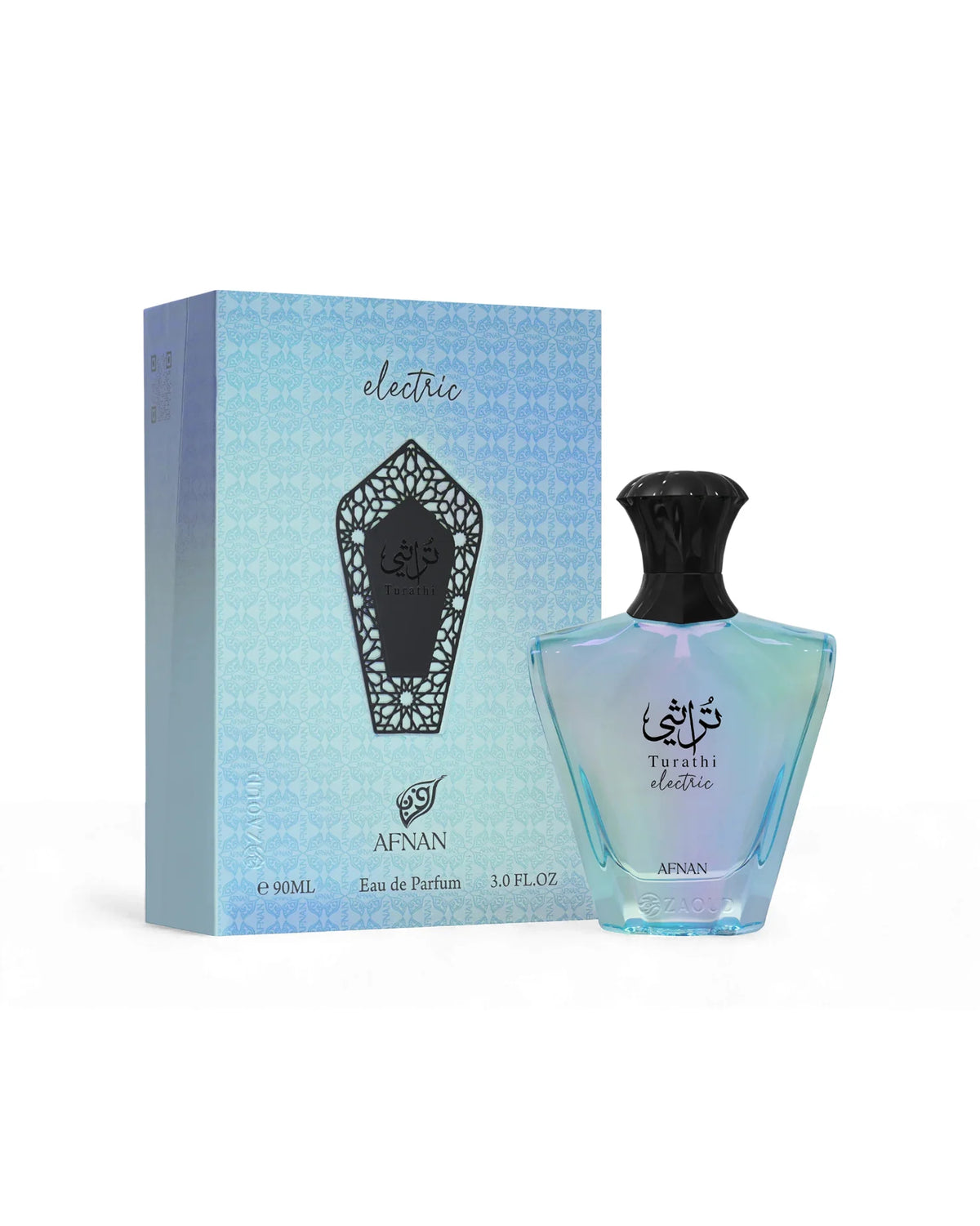 Perfume Turathi Electric de Afnan, fragancia árabe unisex fresca y afrutada con notas de pera, pomelo rosado, mandarina, manzana, almizcle y ámbar.