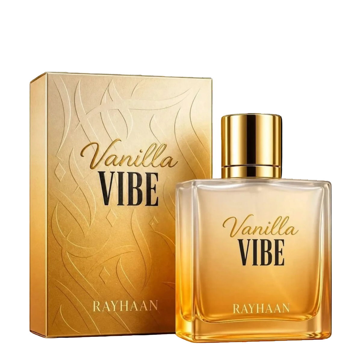 Perfume Vanilla Vibe de Rayhaan, fragancia árabe con notas de vainilla de Madagascar, ciruela, ámbar, madera de cachemira y oud.