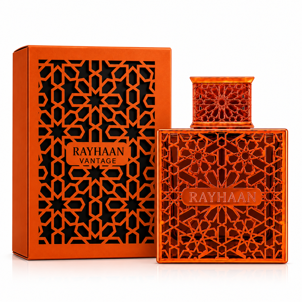 Perfume árabe unisex Vantage de Rayhaan, fragancia especiada y amaderada con notas de cardamomo, incienso, mirra y cedro.