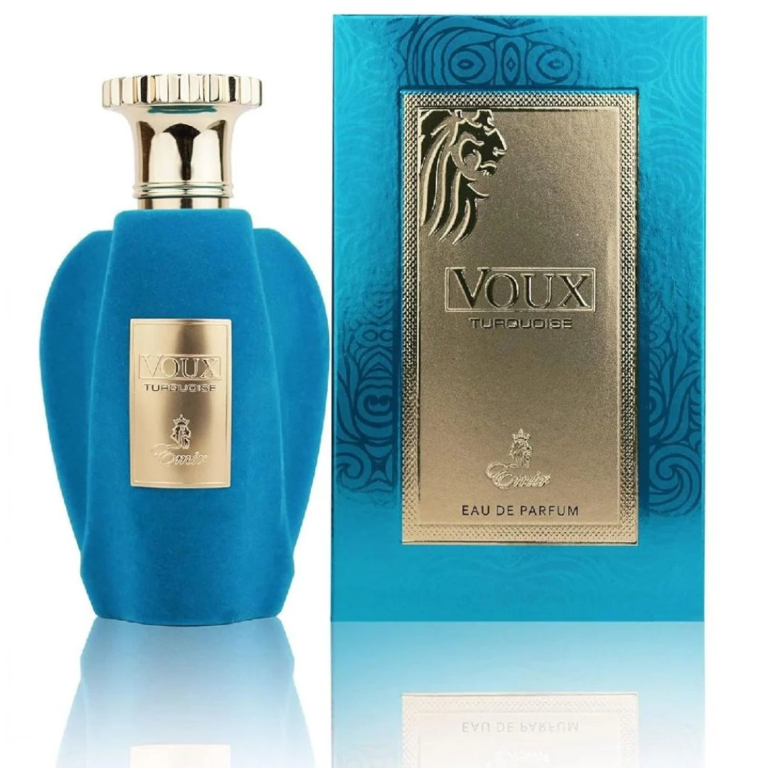 Perfume Voux Turquoise de Paris Corner, fragancia árabe unisex cítrica y afrutada con vainilla y almizcle blanco.