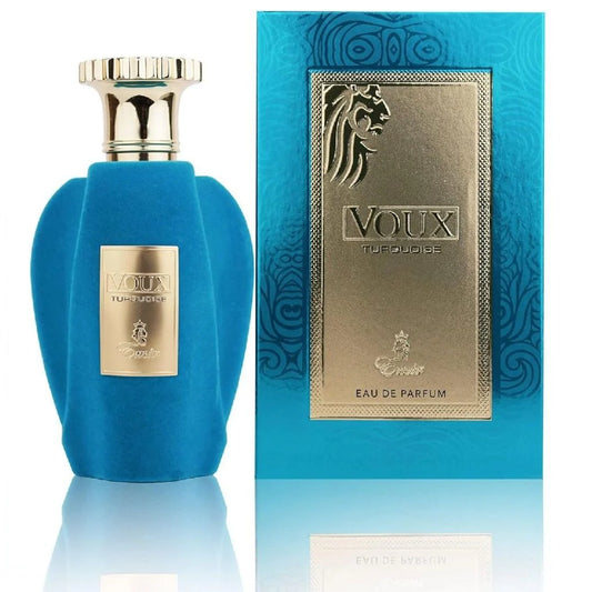 Perfume Voux Turquoise de Paris Corner, fragancia árabe unisex cítrica y afrutada con vainilla y almizcle blanco.