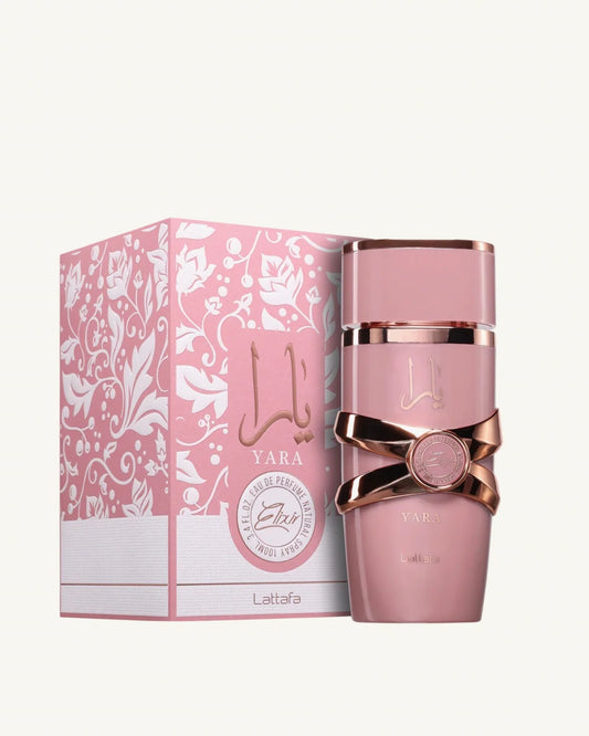 Perfume Yara Elixir Lattafa con notas de s’mores de fresa, grosella negra, vainilla y caramelo