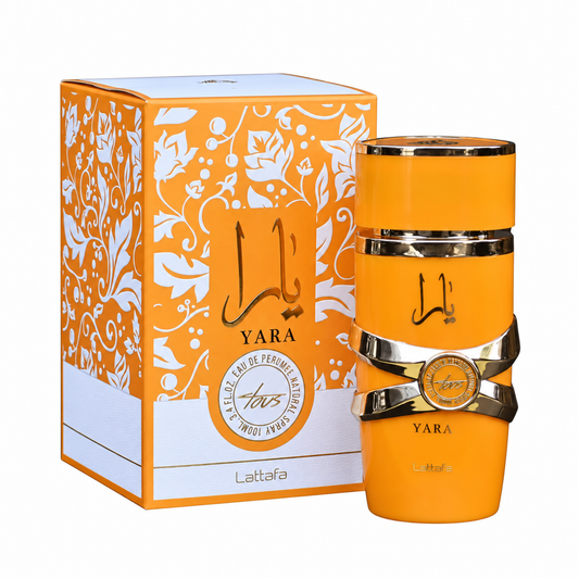 Perfume Yara Tous de Lattafa de 100 ml con frasco naranja y bandas metálicas junto a su caja floral original sobre fondo blanco.