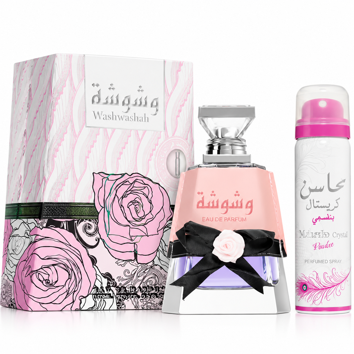 Set de perfume Washwashah de Lattafa con frasco rosa decorado con lazo negro, caja floral y spray perfumado Musk Crystal.