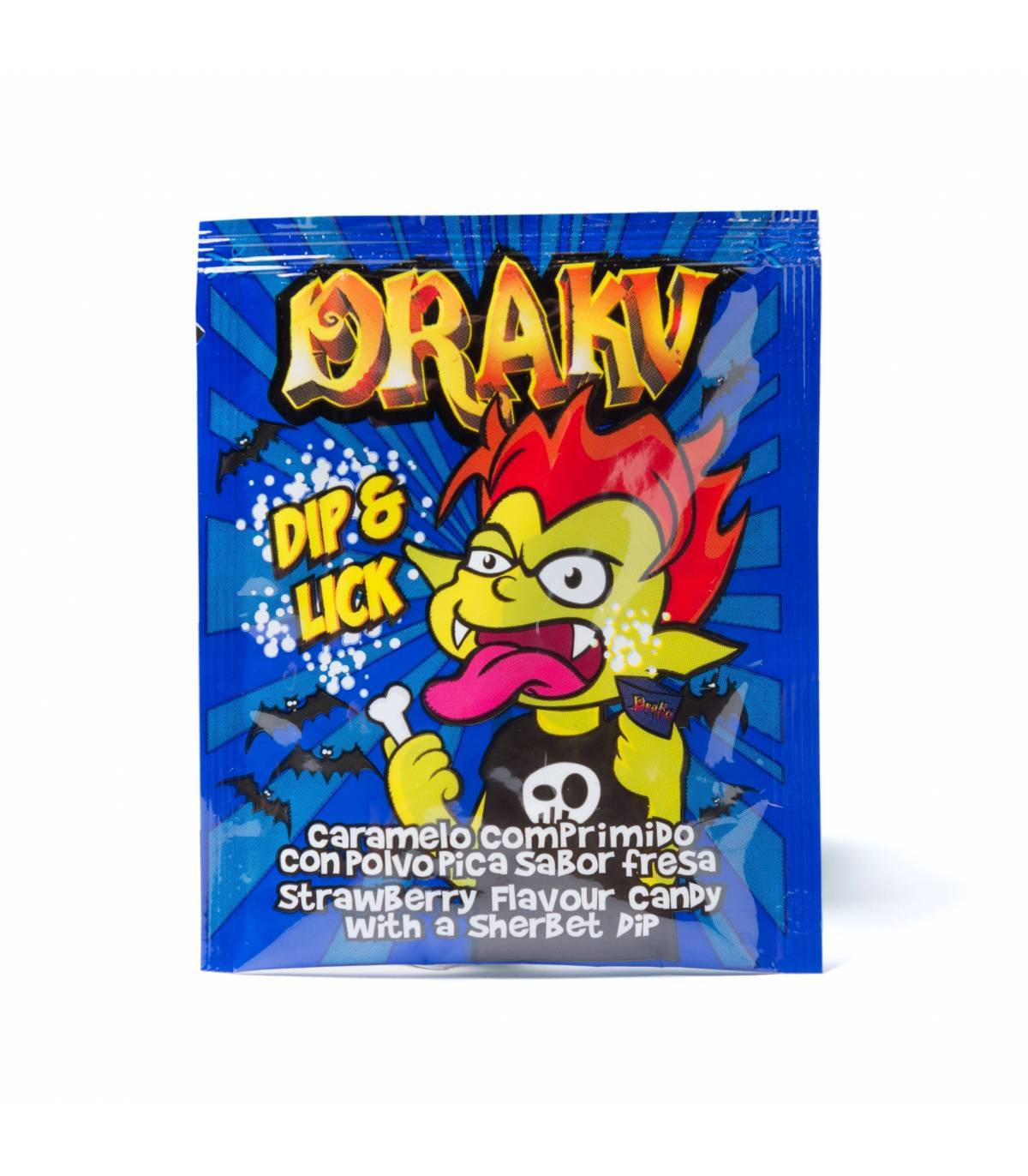 Sobre de polvo pica pica efervescente Draku con caramelo en forma de hueso para mojar