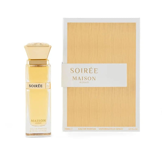Perfume Soirée de Maison Asrar unisex con notas de vainilla, tofe, praliné, manzana, ciruela y caramelo.