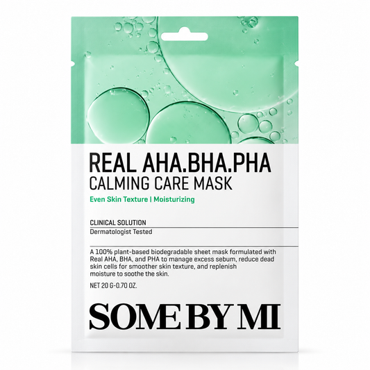 Mascarilla facial coreana Some By Mi Real AHA BHA PHA Calming Care Mask de 20 g, con ácidos exfoliantes AHA, BHA y PHA. Ayuda a eliminar células muertas, controlar el exceso de sebo, mejorar la textura de la piel e hidratar.
